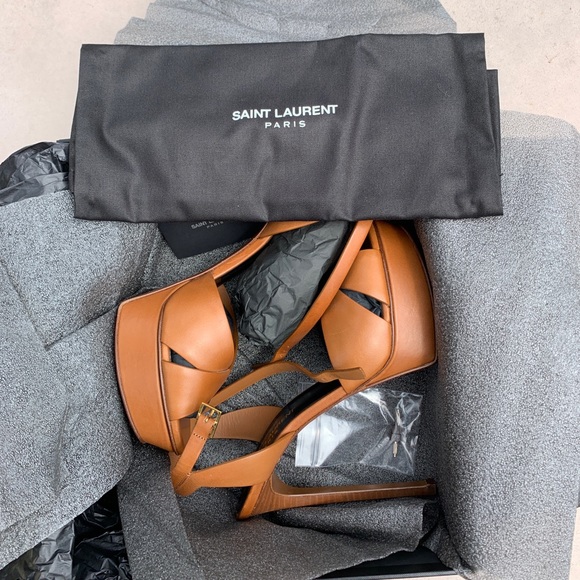 Brand New Saint Laurent Leather Debbie Platform Heels - Caramel Brown 9.5/39 1/2 - Picture 5 of 5